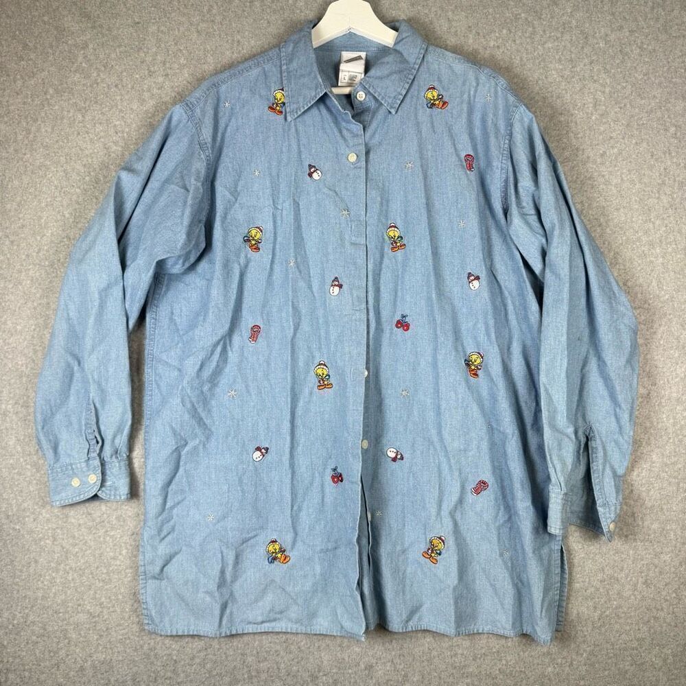 Warner Brothers Womens L Button Front Embroidered Denim Shirt Tweety Christmas